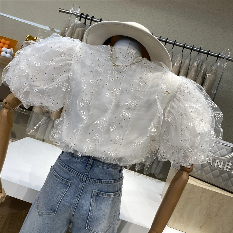 

Mesh V Neck Flower Women Blouse Elastic and Waisted Top Female Sweet Short Sleeve Shirt Pullover Short Shirt