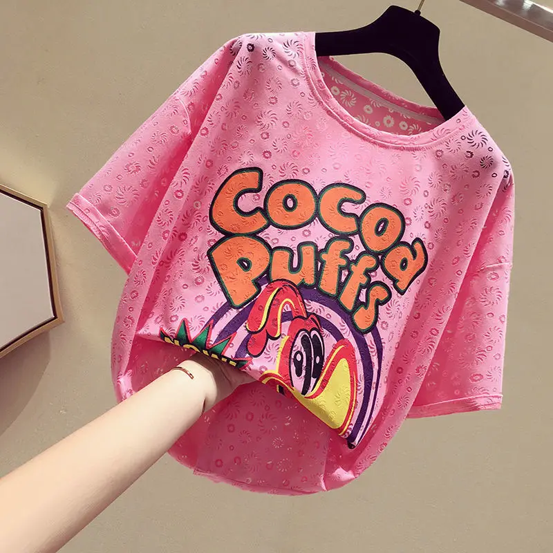 

Cartoon Printed T-shirt Women Short-sleeved 2021 New Korean Loose Half-sleeved T-shirt Hollow Top Summer Woman Tshirts