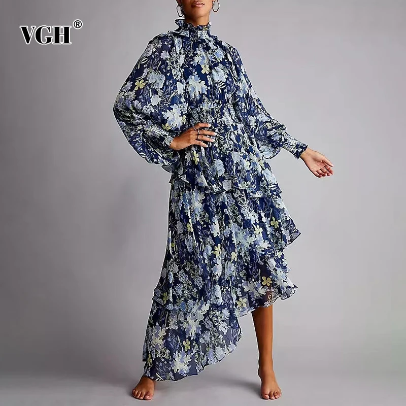 

Женское платье с воротником-стойкой VGH, повседневное облегающее асимметричное платье с винтажным принтом, 2021