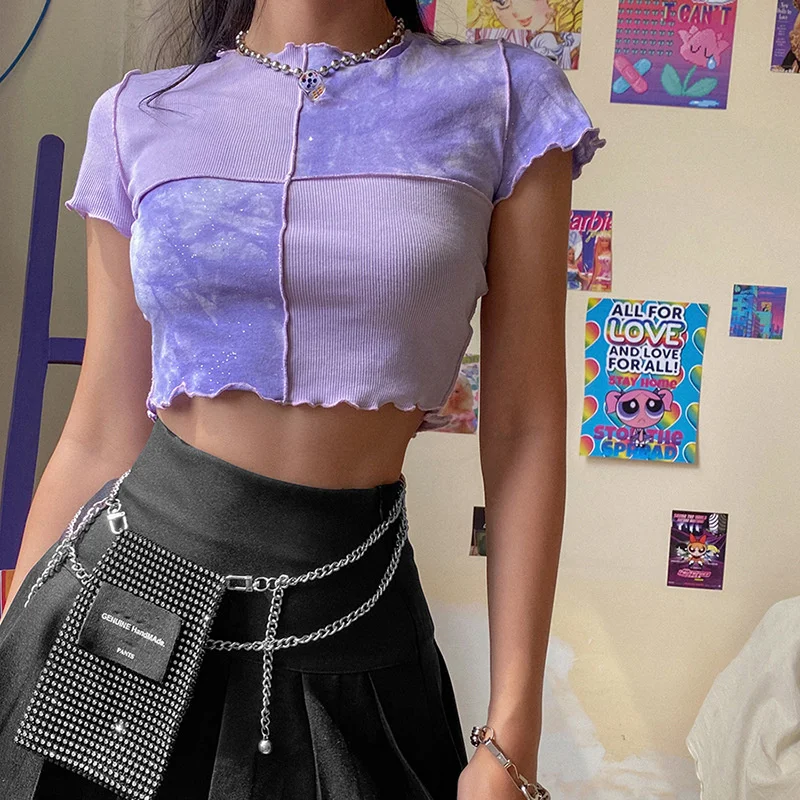 

2021 Women Tie Dye Cropped Top Ruffle Frill Short Sleeve Tops Patchwork T-Shirts Round Neck Casual Tees Party Summer Clothes
