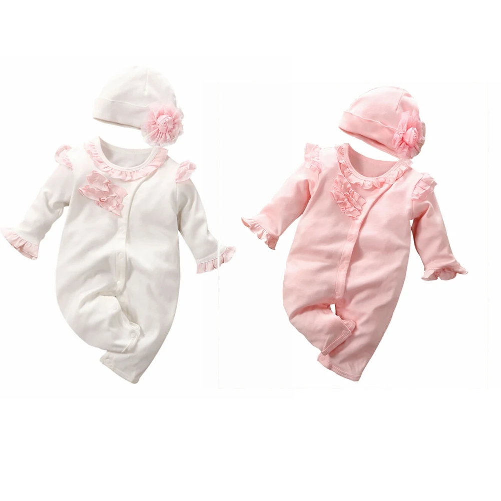 

2021 Infant Baby Girls Cotton Clothes Autumn Outfit Jumpsuit Long Sleeve Ruffle Buttons Romper Bodysuit with Flower Hat Set