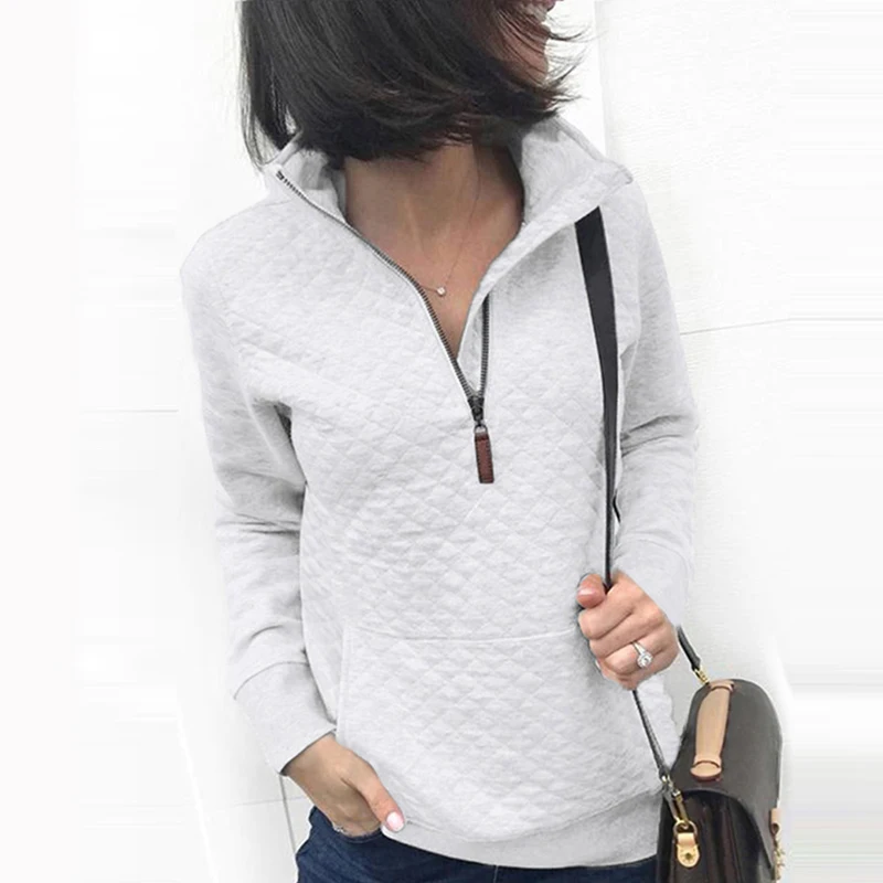 

Women Autumn Causal Zipper Stand Collar Sweatshirt Office Solid Retro Lattice Ladies Pullover Tops Vintage Female Pocket Hoodies