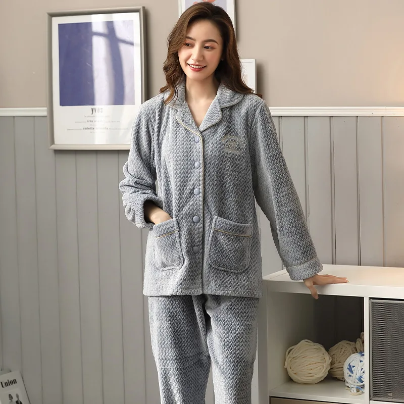 

Flannel Pajamas Fall Winter Home Clothes Ladies Padded Plush Warm Comfortable Coral Fleece Two-piece Suit Plus Size Sleep Wear