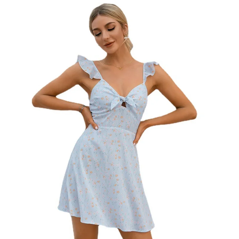 

2021 Summer Women's Dress Sleeveless Hollow Out Halter Backless Fashion Printed A-line Skirt Sexy Slim V-neck Strap Short Dress