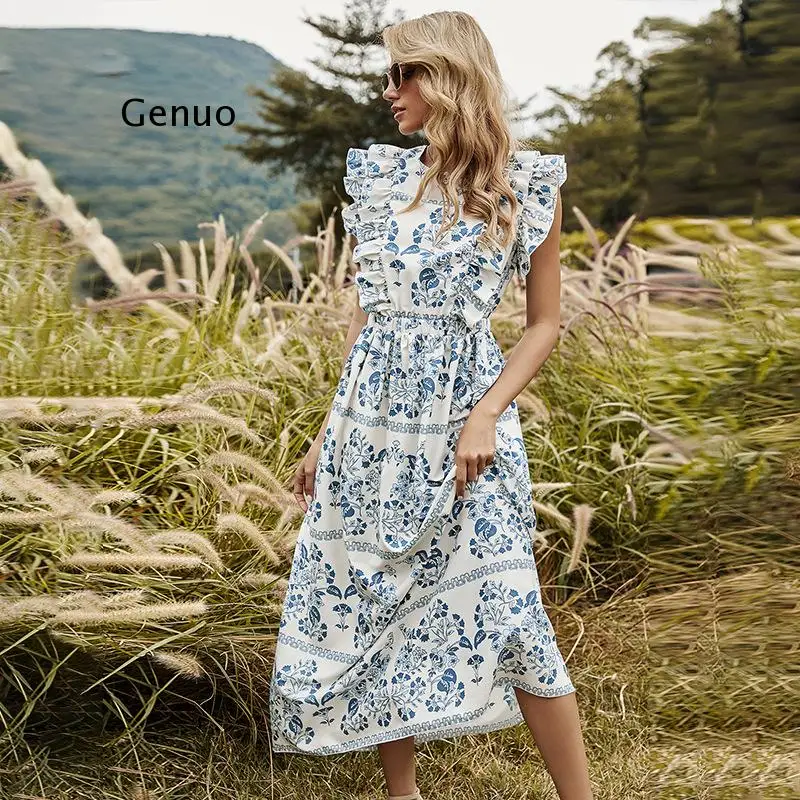 

White Sexy Summer Sleeveless Women Floral Print Long Dress O Neck Backless Ruffles Ladies Elegant Swing Midi Party Dresses 2021