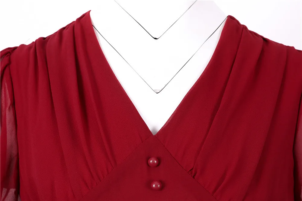 

Women Vintage V Neck Slim Swing Mid-Calf Dress Solid Color Chiffon Casual Party Retro Dresses