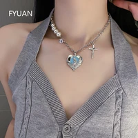 fyuan fashion blue heart crystal choker necklaces for women cross pendant pearl necklaces party jewelry gifts