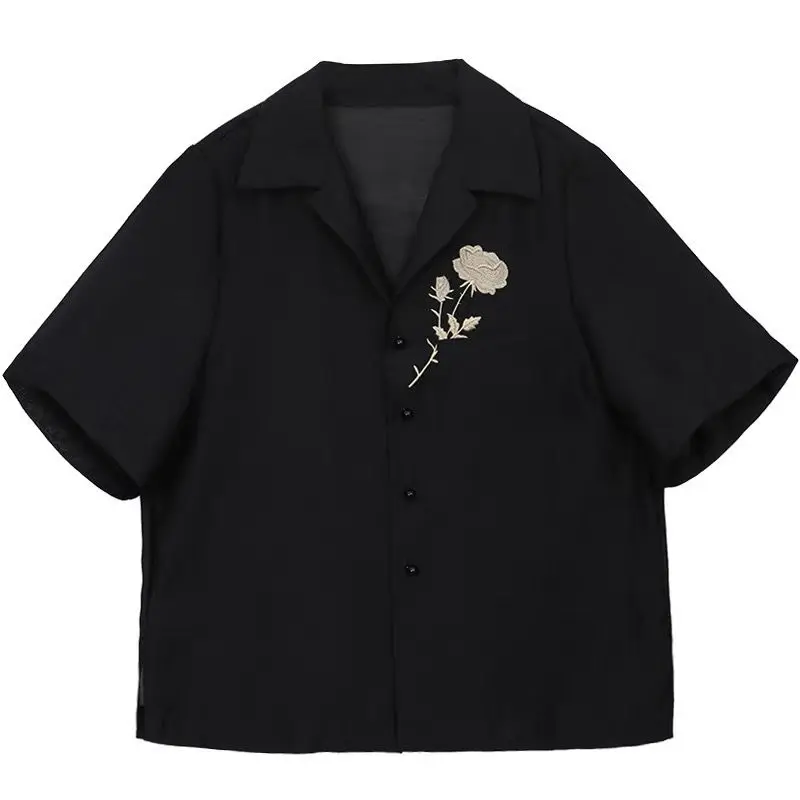 

Fashion White Rose Embroidery Women T Shirt Elegant Summer Harajuku Vintage Kawaii Short Sleeve Turn Down Collar Black Top 2021