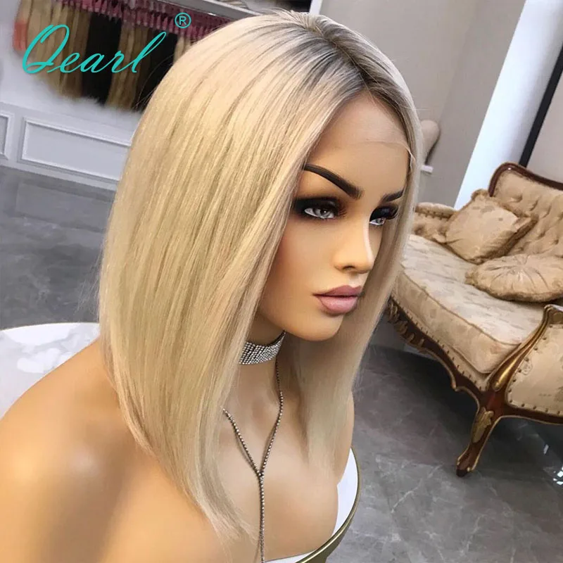 

Short Bob Wig Ombre Blonde 613# Lace Front Wig for Women Straight Virgin Hair 13x1 Lace Frontal Wig Grey Highlight 150% Qearl