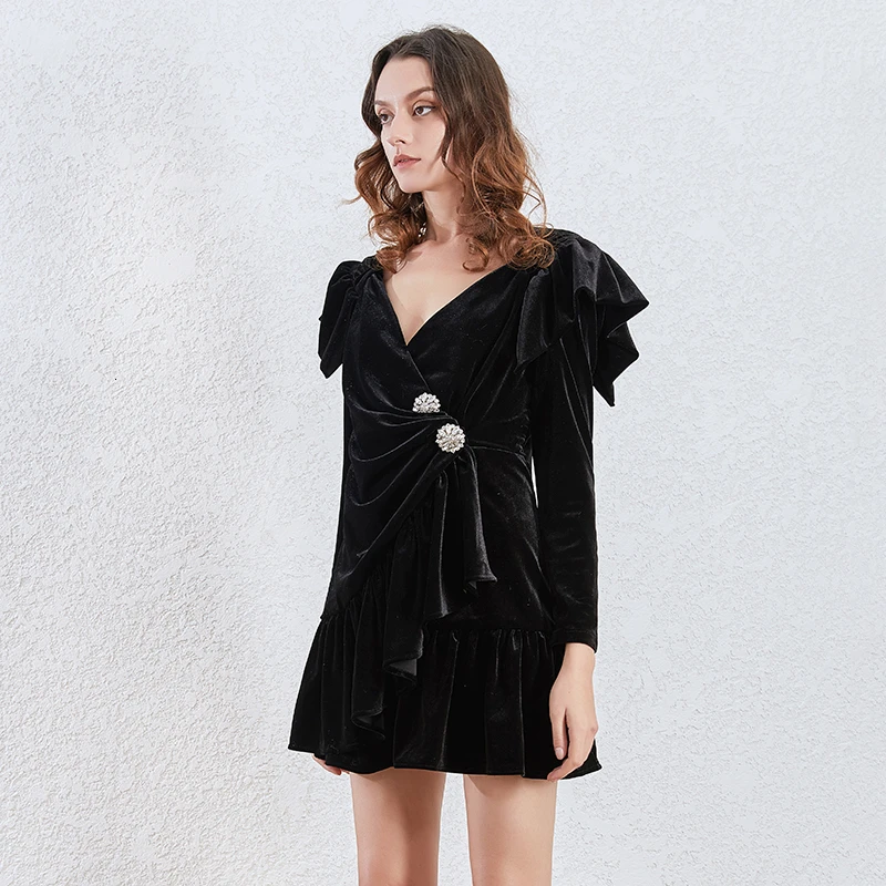 Женское мини платье TWOTWINSTYLE элегантное с v образным вырезом и длинным рукавом