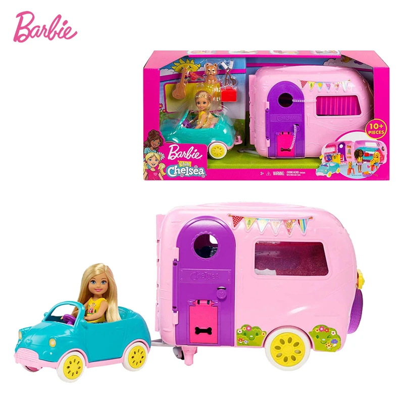 

Barbie Club Chelsea Camper Playset with Chelsea Doll Puppy Car Camper Firepit Guitar and 10 Accessories Toy for Children FXG90