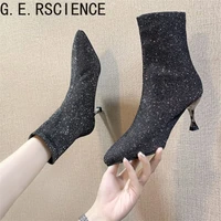 sequined fabric stretch knit short boots womens boots for fallwinter 2021 new pointed high heel stiletto boots single boots