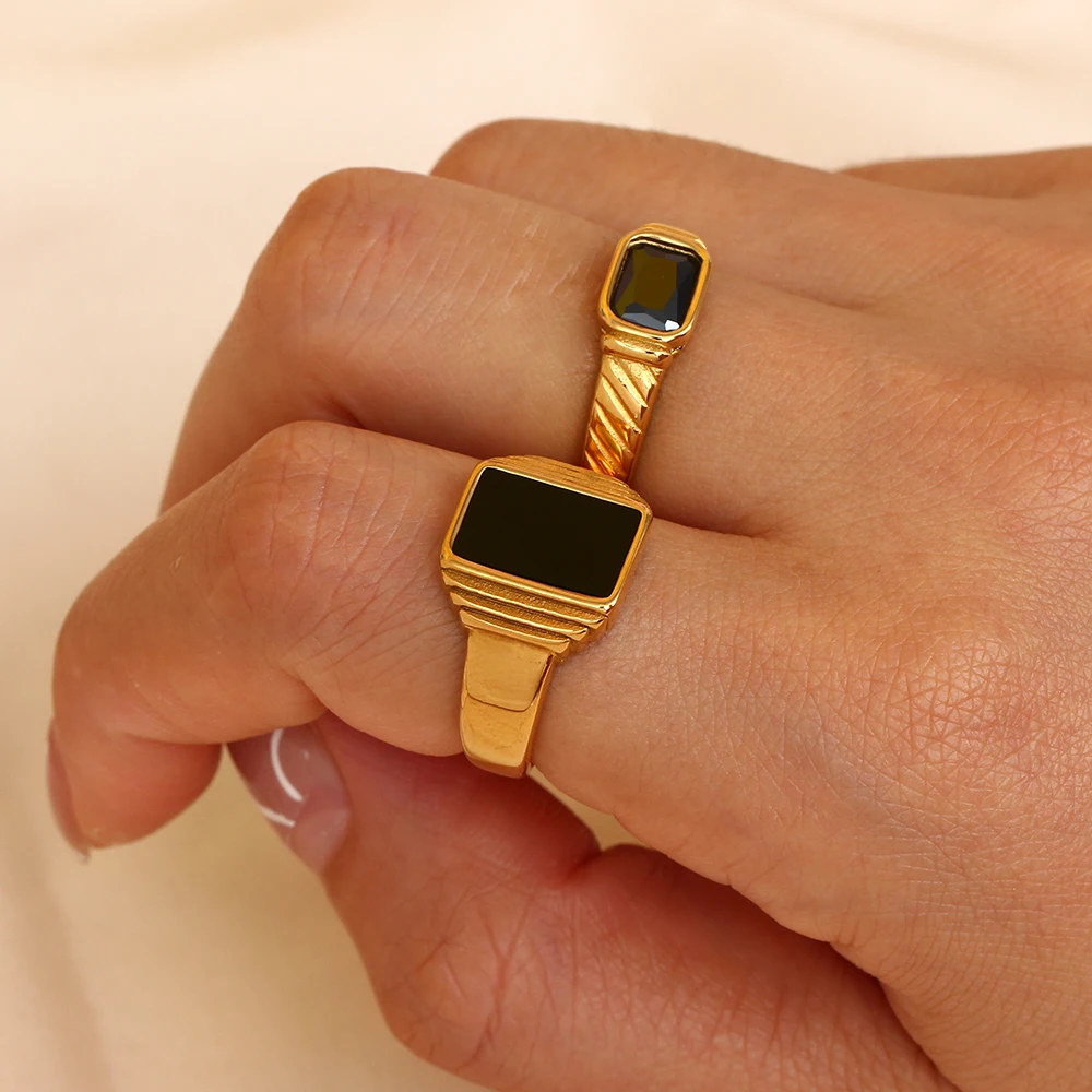 

New Minimalist Basic Square Geometric Ring Stainless Steel 18K Gold PVD Plating Black Rings For Women Waterproof Jewelry