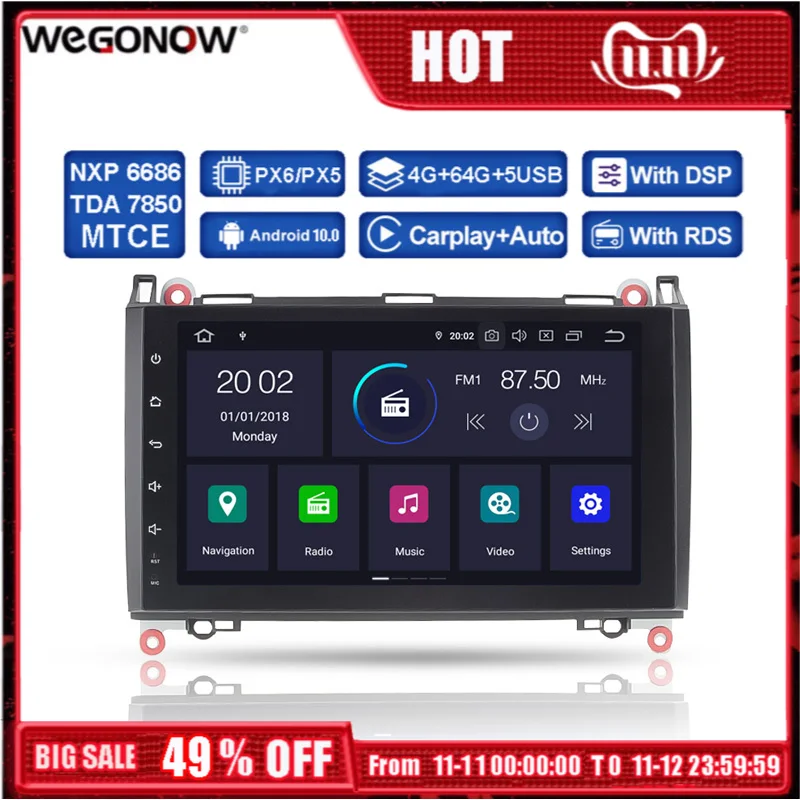 

DSP PX6 IPS Android 10 6 Core 4G 64G Автомобильный DVD-плеер радио GPS Bluetooth wifi для Benz W169 W245 Viano/Vito Sprinter W209 W906