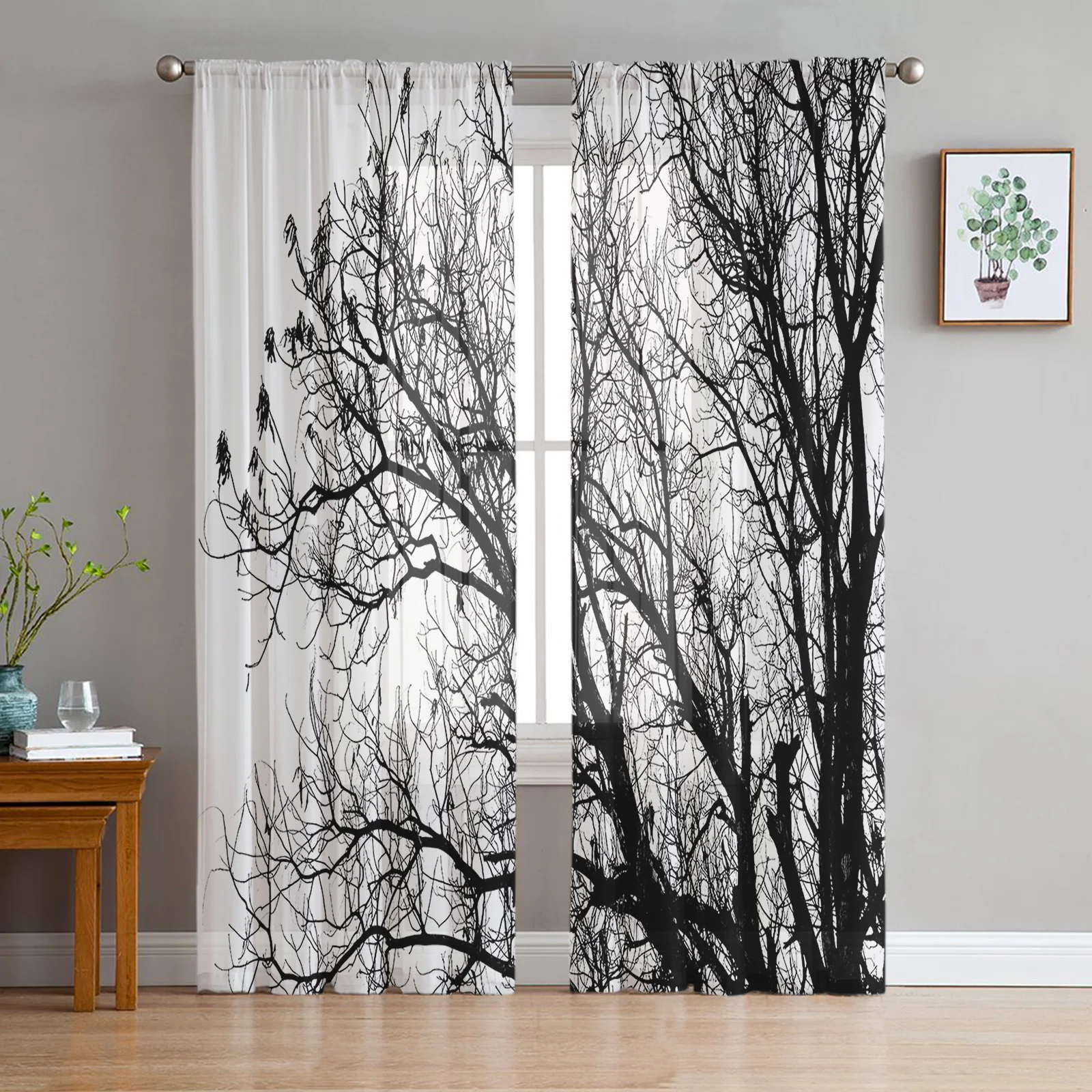 

Black And White Trees Sheer Curtains for Living Room Bedroom Kitchen Tulle for Windows Voile Yarn Curtains for Bedroom