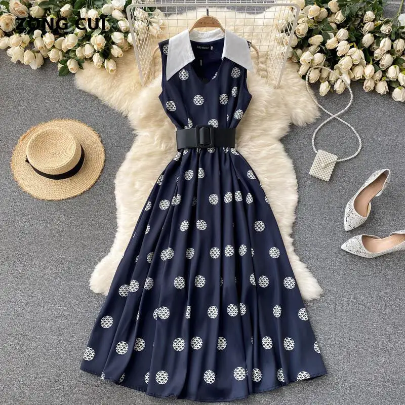

Midi Dress Runway Designer High Quality Summer New Women's Fashion Party Vintage Elegant Chic Dot Print Sleeveless Vest Dresses