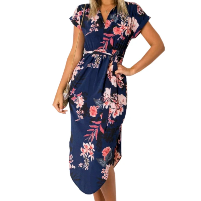 

Zoulv2021 Loose Summer Print Dress V -Neck Short Sleeve Women Party Dresses 3xl Fashion Irregular Dresses Long Beach Sundress