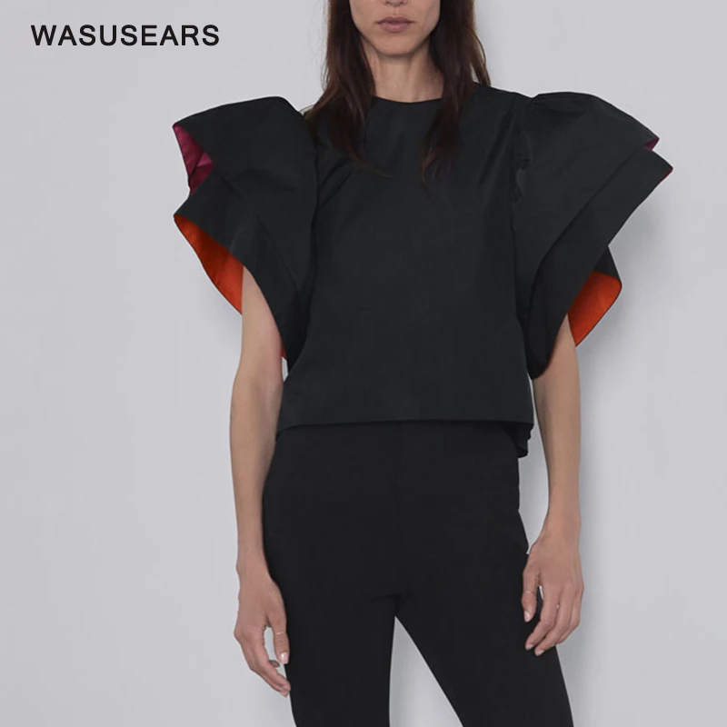 black ruffle blouse Блузка с расклешенными рукавами, Элегантные повседневные черные женские топы и блузки, винтажная черная блузка с коротким рукавом и рюшами, Женская корейская мода - Цвет: black ruffle blouse
