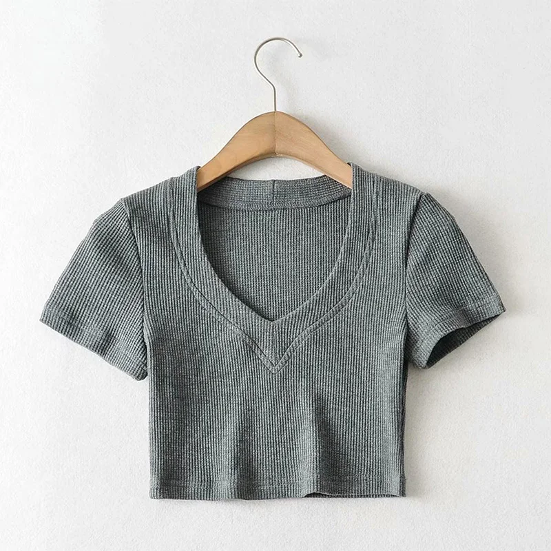

Crop Top Summer T Shirts Women Clothing Slim Patchwork Tops Cotton Blouse Women V-Neck Short Sleeves Pullover Fem