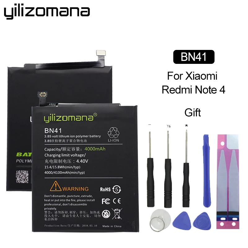YILIZOMANA Оригинальный аккумулятор для телефона BN41 Xiaomi Redmi Note 4/Note 4X MTK Helio X20 4000 мАч