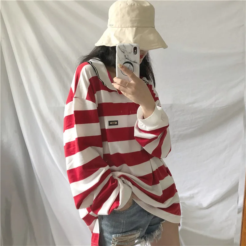 Весенняя новинка ulzzang Harajuku рубашка поло футболка топы Mori Girl Ретро стиль в полоску