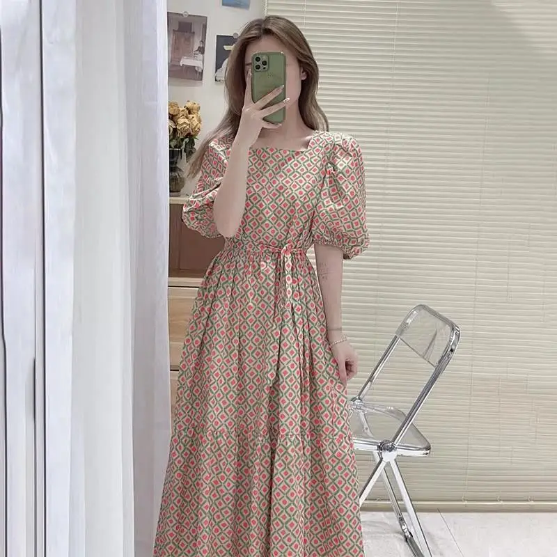 

Women's chiffon shredded flower bubble sleeve collar dress summer 2021 new Korean print medium-length dress women's dress