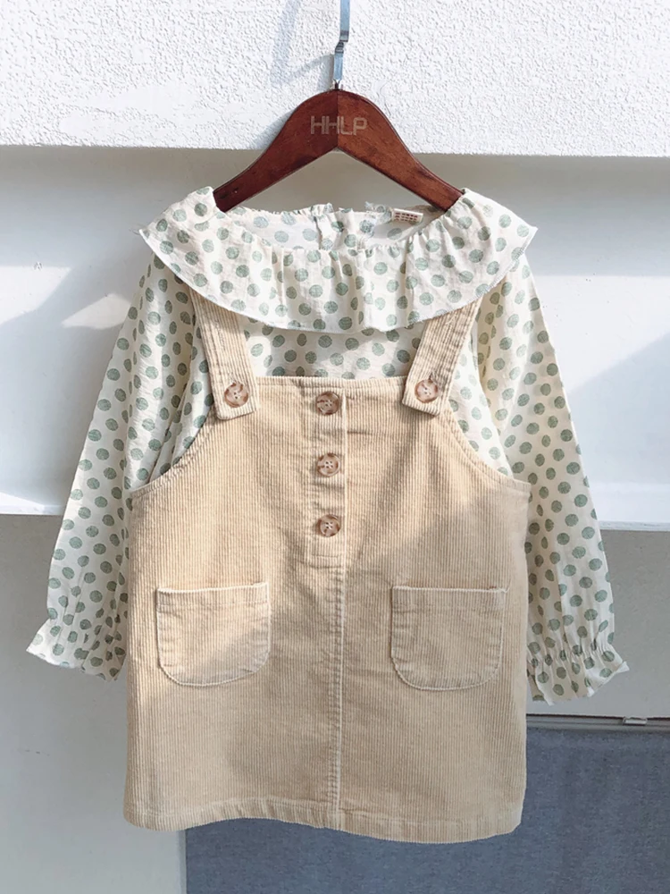 

Girl'S Suit 2020 Spring Polka Dot GIRL'S Shirt + Corduroy Vest Skirt Dress,girls Baby Kids 2pcs Casual Suits Clothes