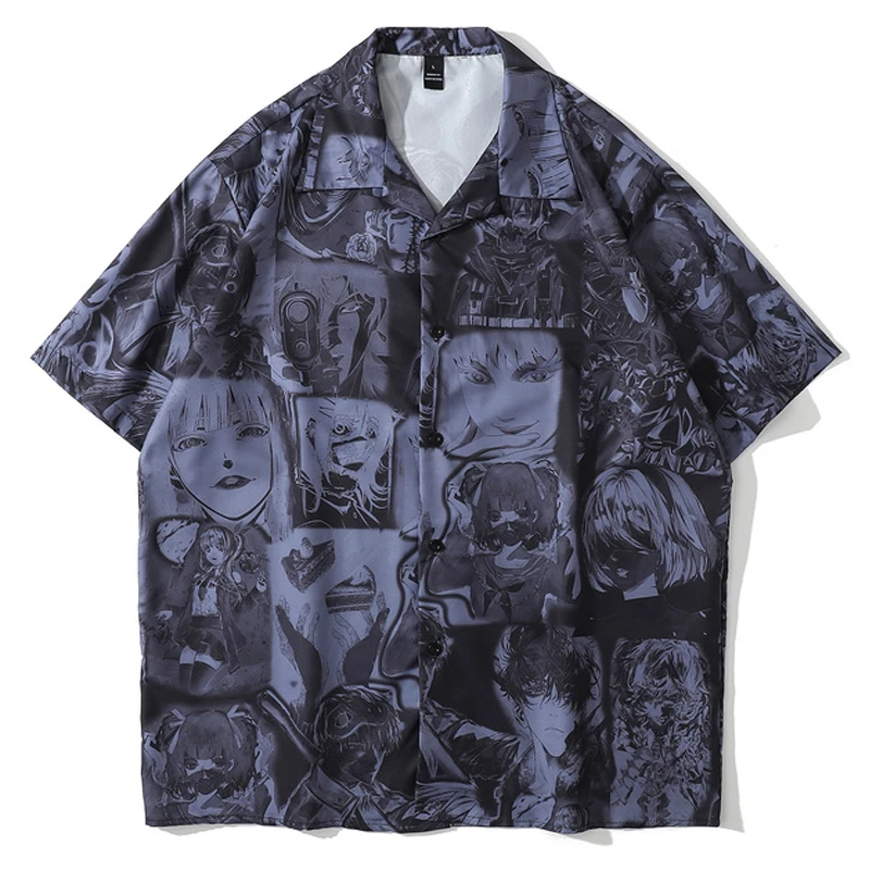 

Harajuku Vintage Anime Girl Printed Shirt Blouse Unisex Oversize Short Sleeve 2021Summer Hawaii Beach Holiday Loose Shirts Men