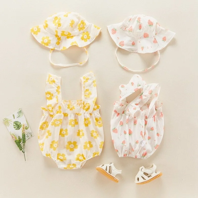 

2021 Floral Sling Ribbed Tiny Love Baby Bodysuit Give A Hat for Newborns Cotton Toddler Girl Bodysuit Baby Clothes for Newborns