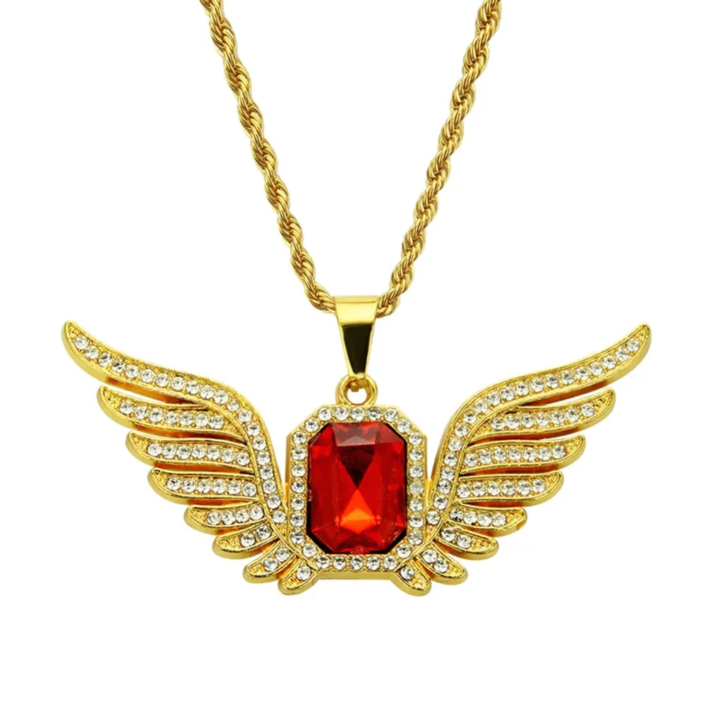 

Gold Angel Wings Hip Hop Pendant Bling Full CZ Rhinestone Red Gem Charm Chain Luxury Necklace for Women Men Jewelry