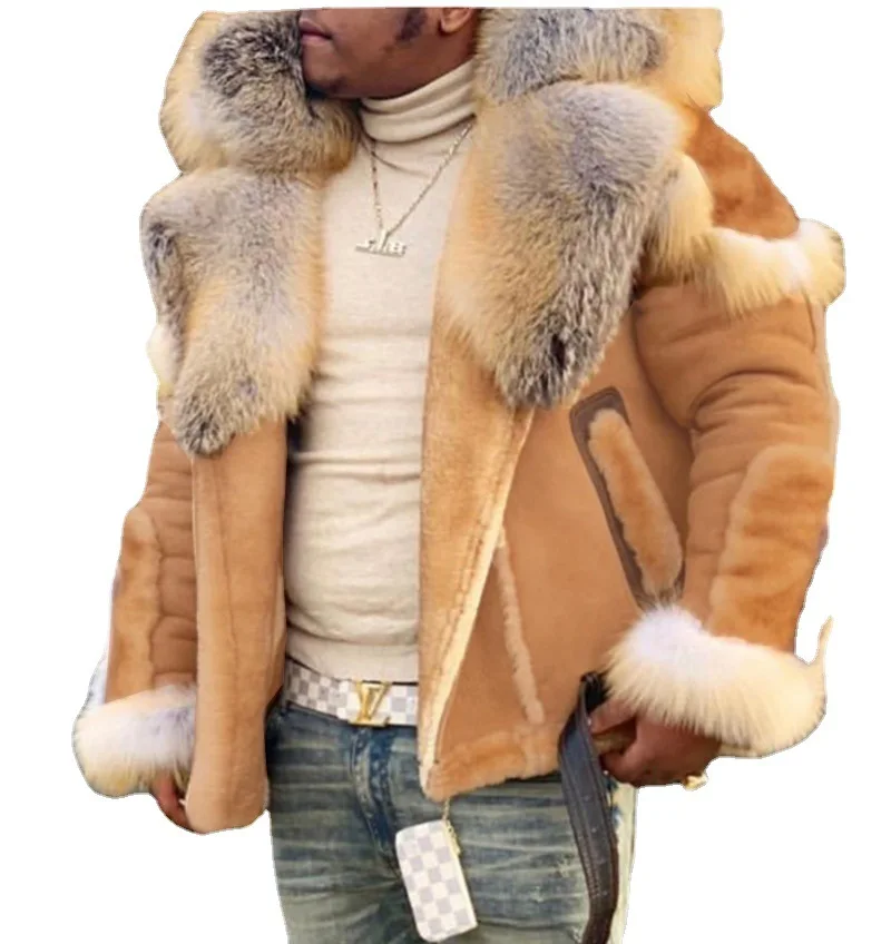 

Casual Loose Winter Faux Leather Mens Jackets and Coats Faux Leather Velvet Fur Thicken Fur Collar Long Sleeve Coat for Men