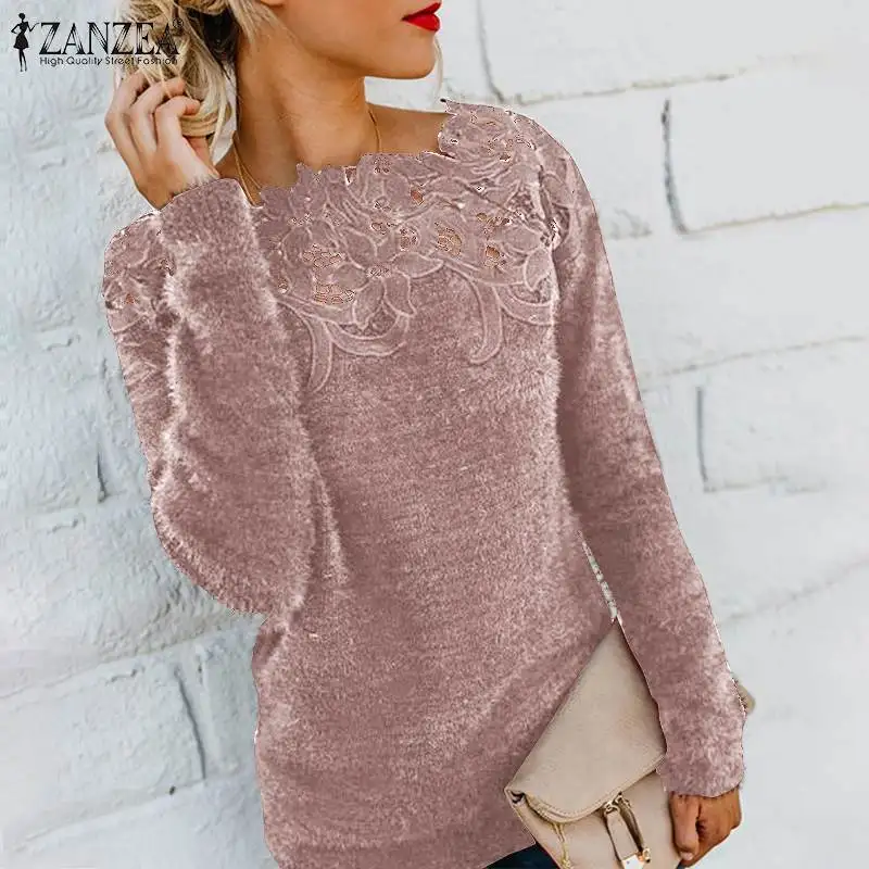 

ZANZEA Stylish Autumn Plush Pullover Women Lace Patchwork Fluffy Sweatshirt Casual Long Sleeve Shirt Elegant Work Solid OL Tops