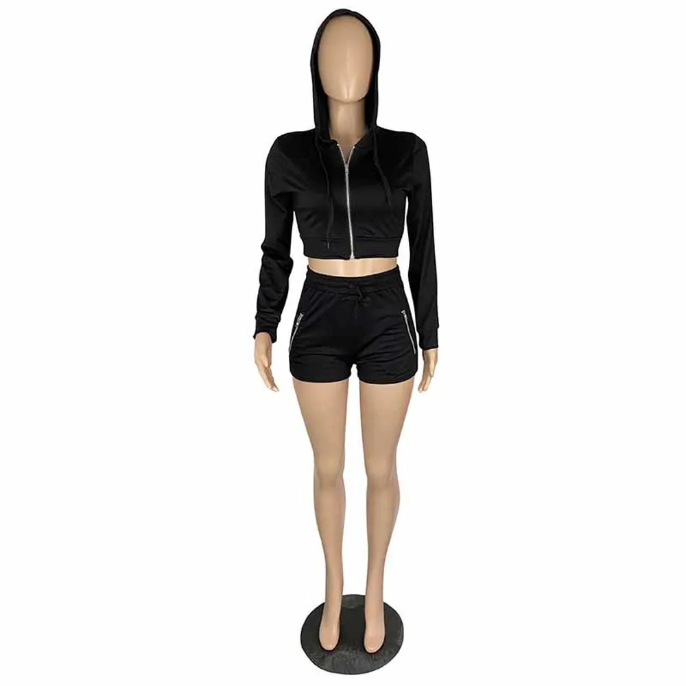 

Casual Sportwear Tracksuit Women's Sets Long Sleeve Hooded Crop Top and Zipper Up Biker Shorts Sweatsuit Active Wear Club Outfit