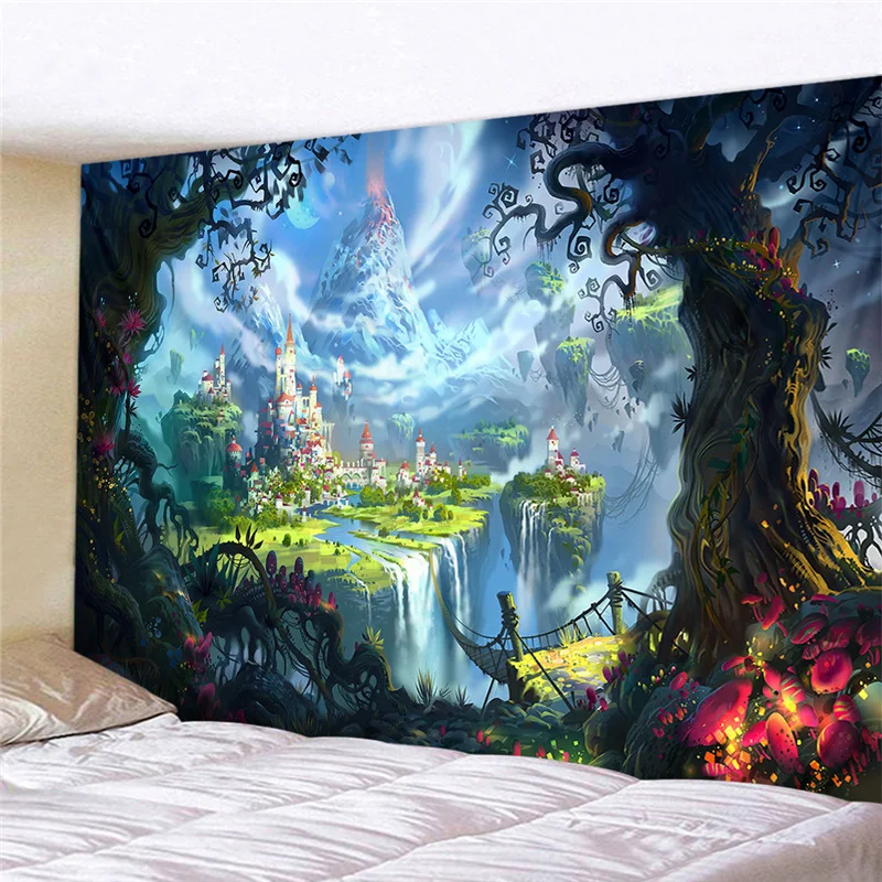 

Fairytale Dreamy Tapestry Wall Hanging Psychedelic Carpet Huge Mushroom Castle Witchcraft Hippie Kids Room Decor Wall Tapestries