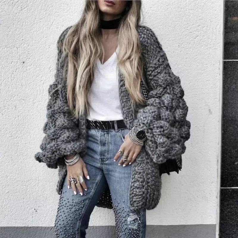 Autumn winter coarse wool hand-knit sweater women V-Neck lazy wind Rough Knitted Lantern Sleeved cardigan jacket Coat Tops |