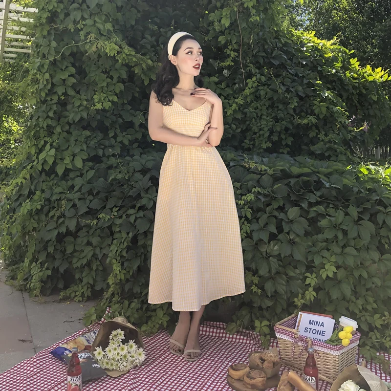 Женское винтажное клетчатое платье желтое длинное Хлопковое до щиколотки на