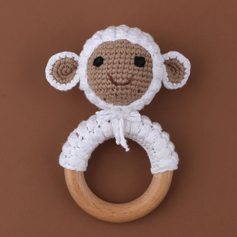 

Baby Wooden Teether Ring DIY Crochet Animal Rattle Infant Teething Nursing Soother Molar Toys for Newborn Shower Gifts