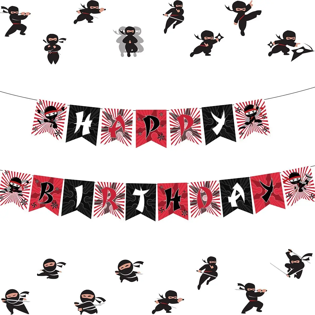 Guirnalda de cumpleaños de Ninja para niños, cartel de cristal para cumpleaños, rojo, negro, Ninja Warrior, Anime, suministros para fiestas