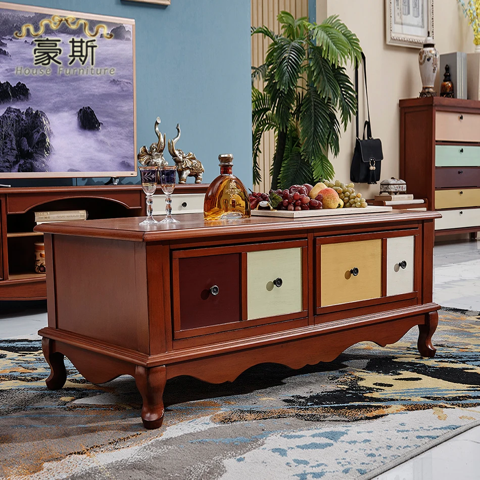 

TT American Country Coffee Table Solid Wood Living Room Home Four Buckets Tea Table Retro Complete Furniture TV Cabinet and Tea