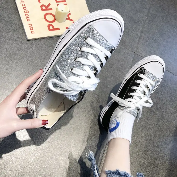 Женские Модные холщовые шнурки на шнуровке; Zapatillas; прогулочные женские туфли на плоской подошве; повседневные туфли с блестками; C125