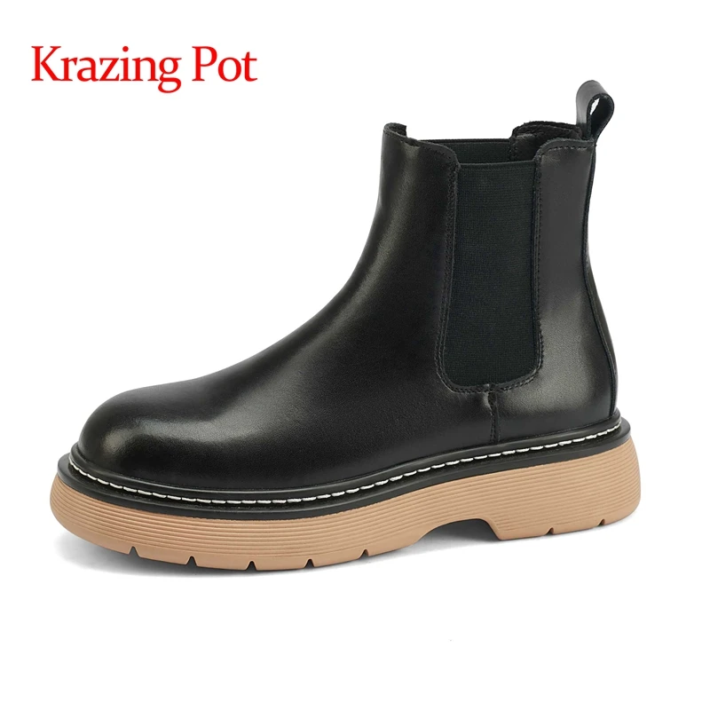 

Krazing Pot real cow leather round toe med heel stretch boots classic colors concise style young lady slip on ankle boots L01
