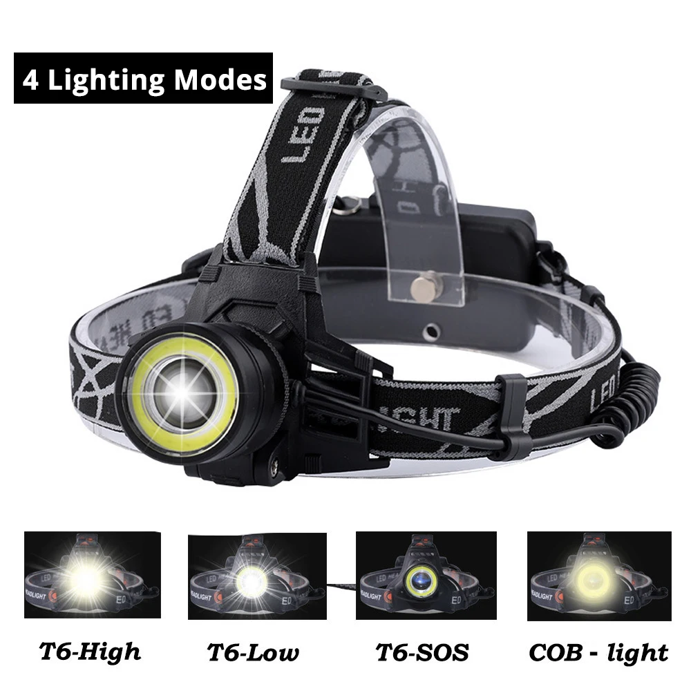 Super Bright LED Headlamp 4 Light Modes T6 + COB Headlight Waterproof Rotating Zoom Fishing Camping Use 2*18650 Battery | Лампы и