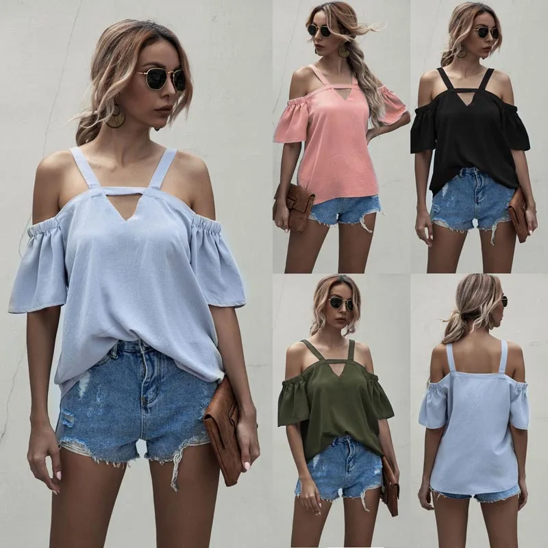 

2021 Summer Sexy Fashion Women's Sling Solid V neck Off Shoulder Hollow Out Loose short Sleeve Tops Backless Casual Lady