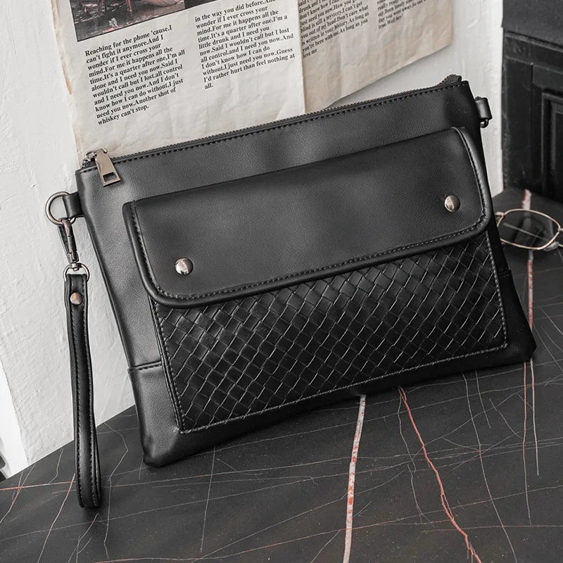 

Luxury Brand Design Men Day Clutch Bag Wrist Strap Weaving Leather Fashion Business Handy Clutches Male Big Envelope Phone Purse