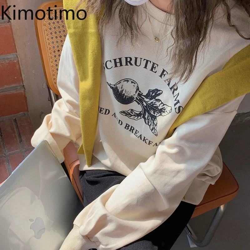 

Пуловер Kimotimo с принтом, худи, женские корейские винтажные толстовки с круглым вырезом и длинным рукавом, осень 2021, модная повседневная униве...