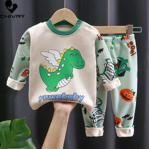 New 2021 Kids Boys Thicken Pajama Sets Cartoon O-Neck Tops with Pants Baby Girls Autumn Winter Keep Warm Sleeping Clothing Sets