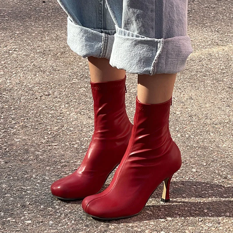 

Spring And Autumn Round Toe Retro White Zipper Stiletto Short Boots Women Fashion High Heel Stretch Boots Ladies Red Botas