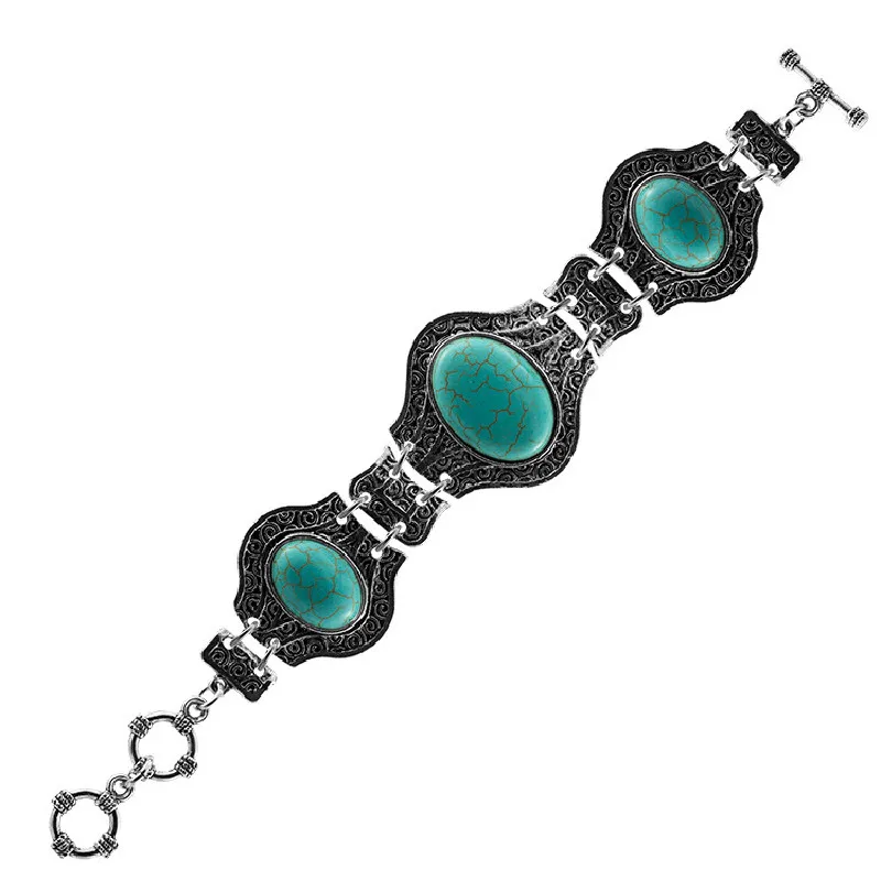 

New European And American high Quality Alloy Inlaid Natural Turquoise Bracelet, Retro Turquoise Bracelet Jewelry