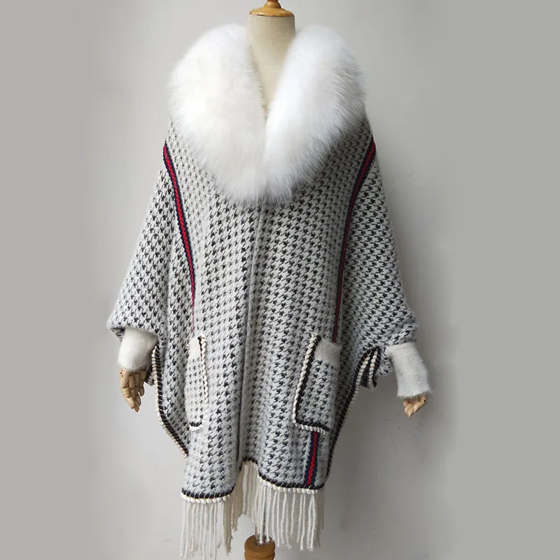 

2021 Women Plus Size Winter Knitted Shawl With Genuine Fox Fur Collar Fashion Female Big Fur Poncho With Pocket