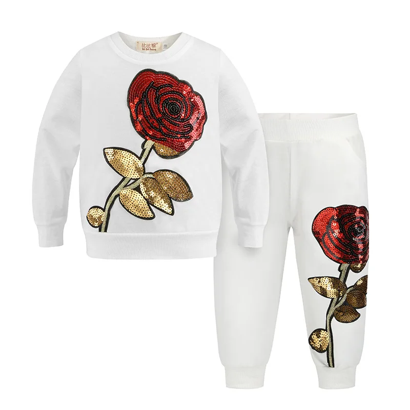 New Spring Rose Flower Girls Clothing Set Children Cotton Tshirt+Pant 2Pcs Sport Clothes Suit Kids 3-8Yrs | Детская одежда и обувь